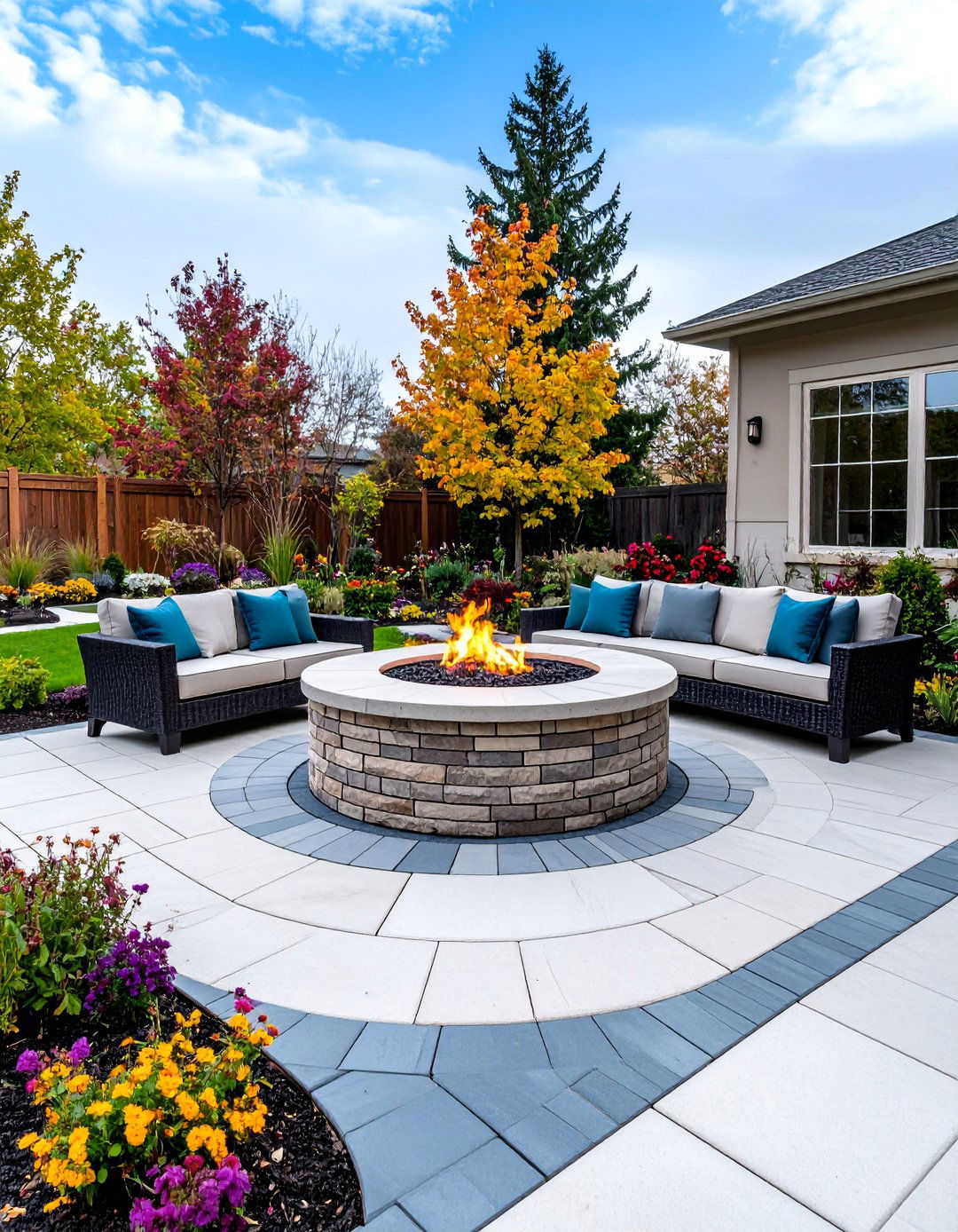Concrete Paver Patio Fire Pit with Two Tone Color Scheme - 20 Concrete Paver Patio Fire Pit Ideas