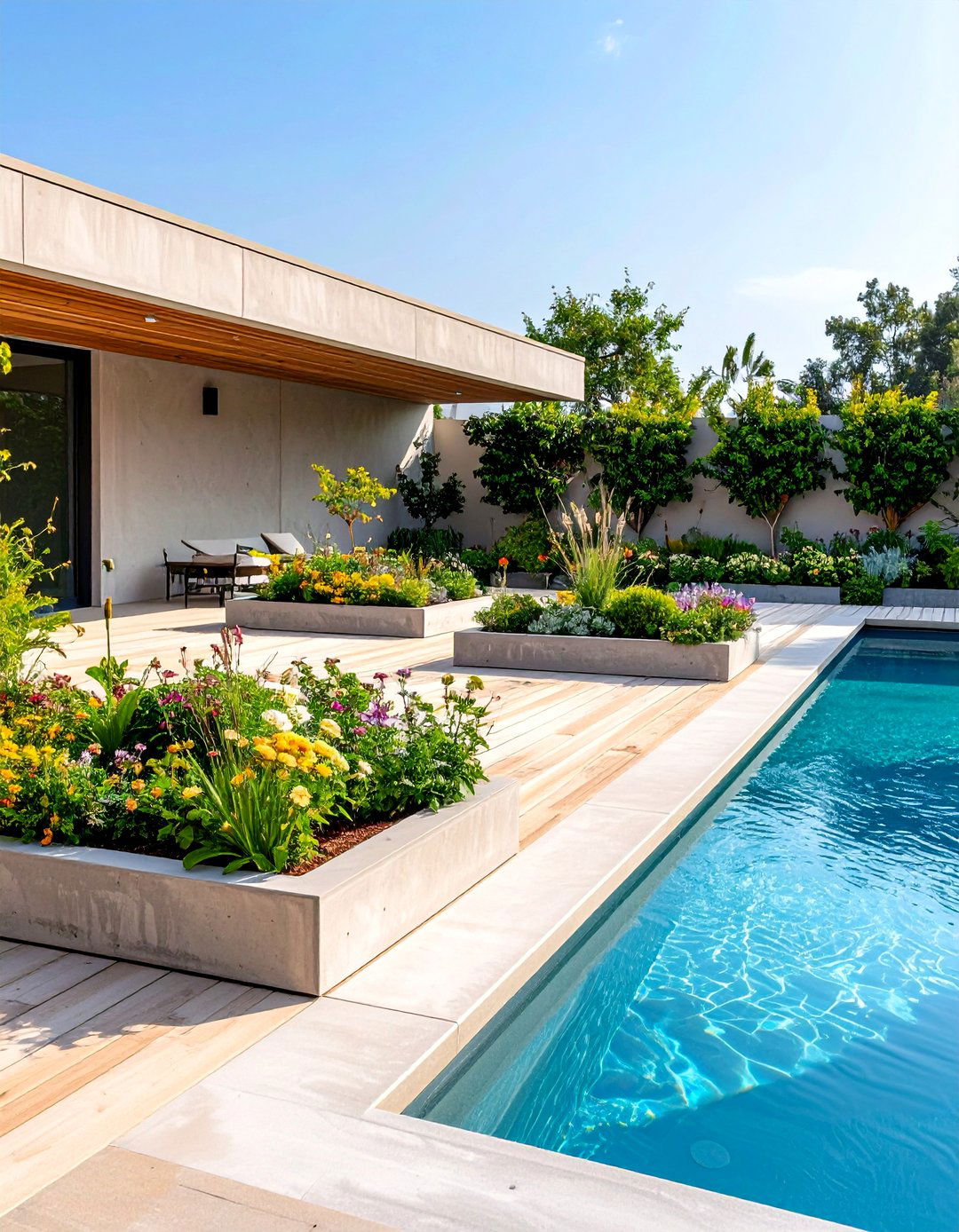 Concrete Pool Deck with Built in Planters - 20 Concrete Pool Deck Ideas