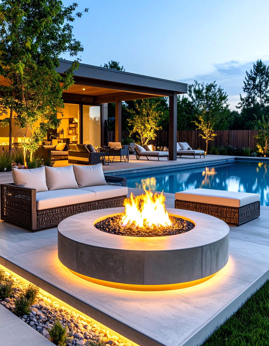 Concrete Pool Deck with Integrated Fire Features - 20 Concrete Pool Deck Ideas