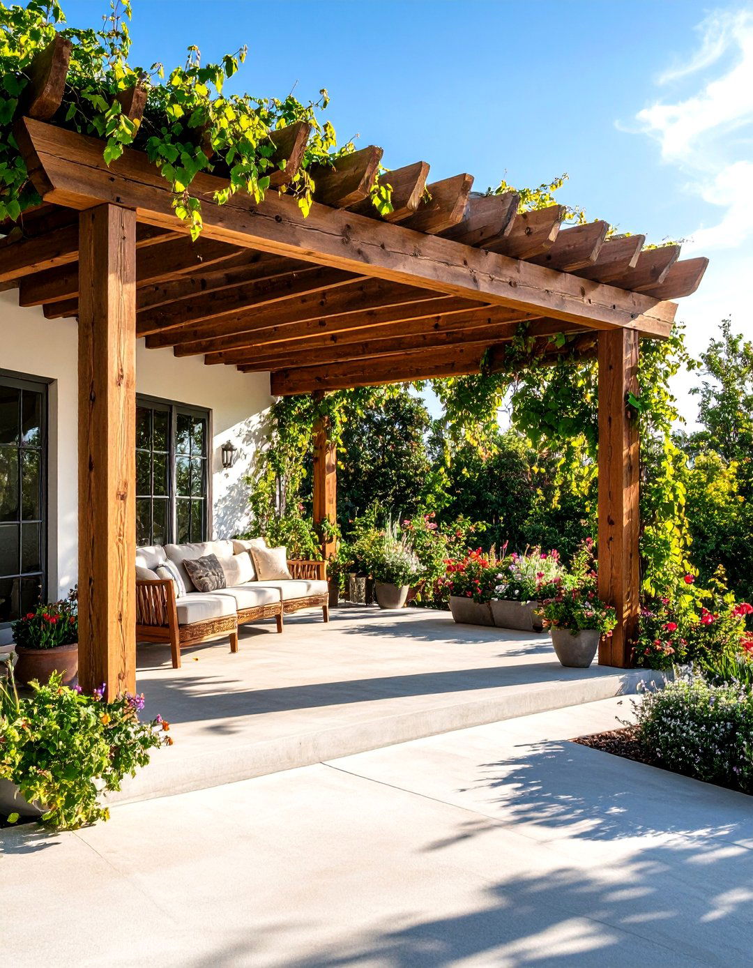 Concrete Porch with Pergola Integration and Climbing Plants - 20 Concrete Porch Ideas