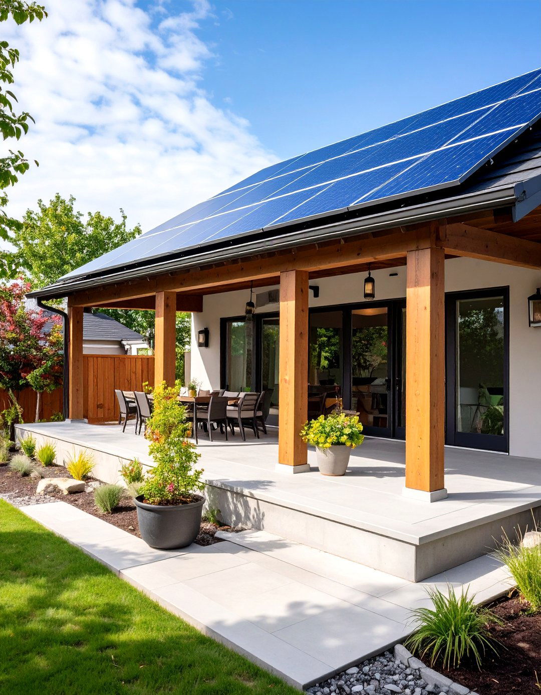 Concrete Porch with Solar Panel Canopy and Sustainable Features - 20 Concrete Porch Ideas
