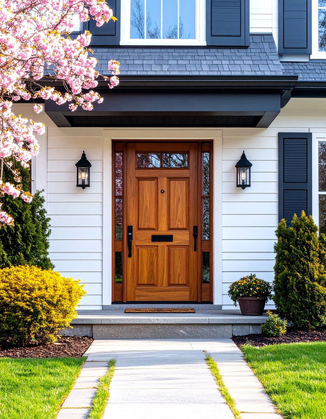Contemporary Colonial Front Door with Smart Technology - 20 Colonial Front Door Ideas