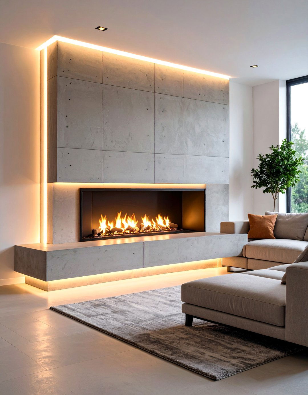 Contemporary Concrete Fireplace with LED Accent Lighting - 20 Concrete Fireplace Ideas