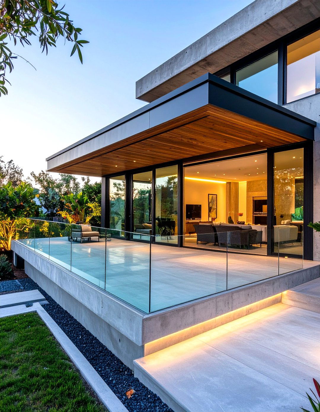 Contemporary Concrete Porch with Glass Panel Railings - 20 Concrete Porch Ideas