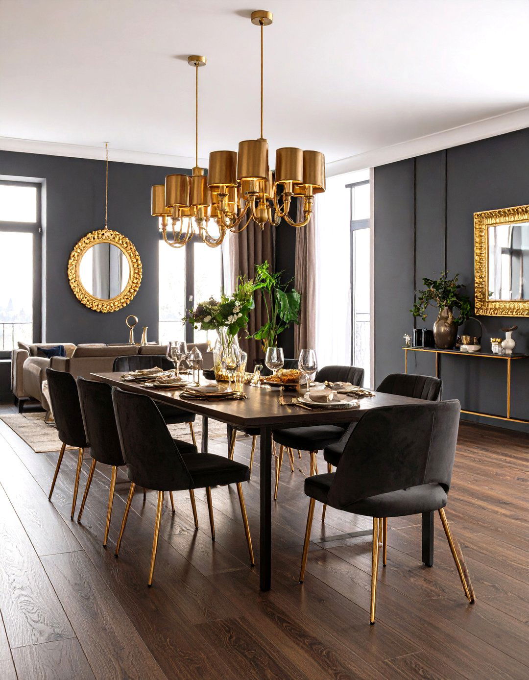 Contemporary Dark Wood Floor Dining Room with Metallic Accents - 20 dark wood floor dining room ideas