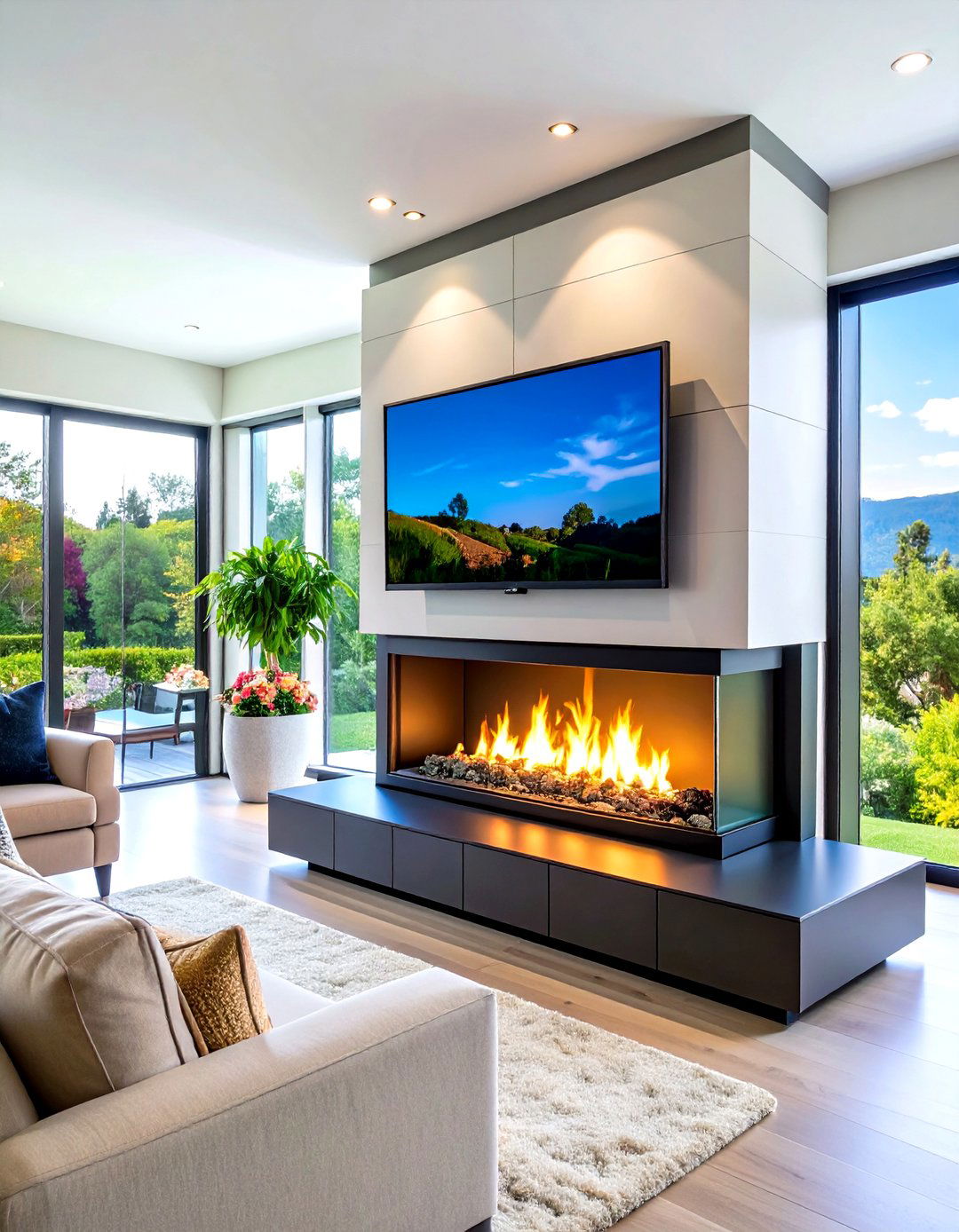 Contemporary Gas Fireplace with Hidden TV - 20 Two-story Fireplace Ideas