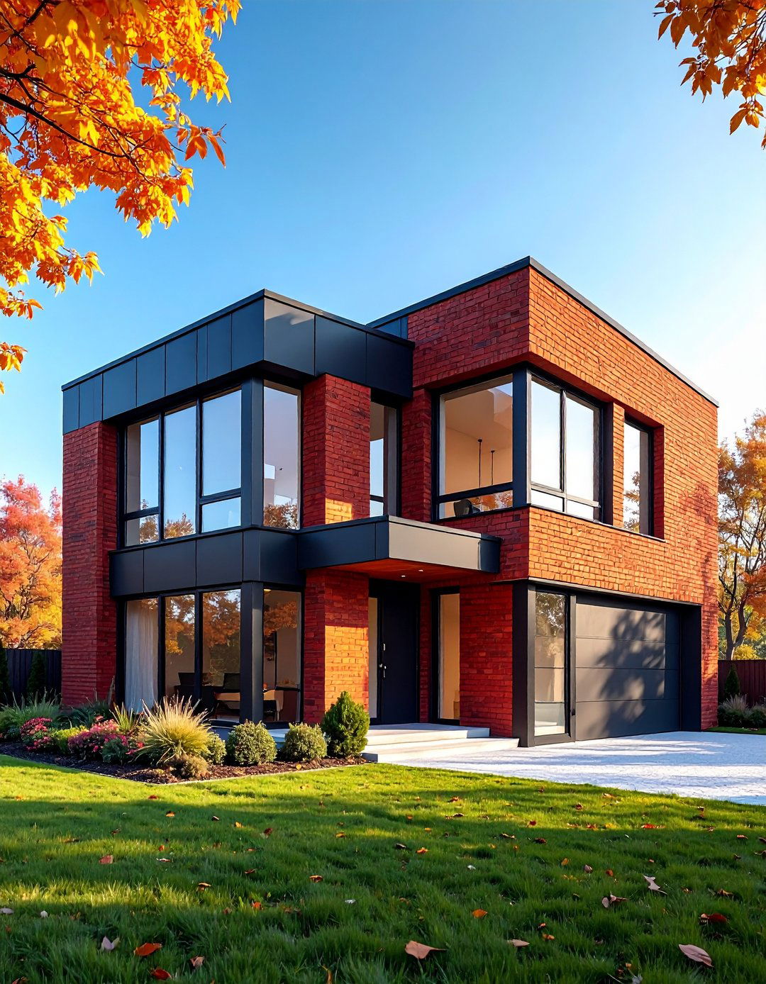 Contemporary Geometric Red Brick House with Black Trim Lines - 20 Red Brick House with Black Trim Design Ideas