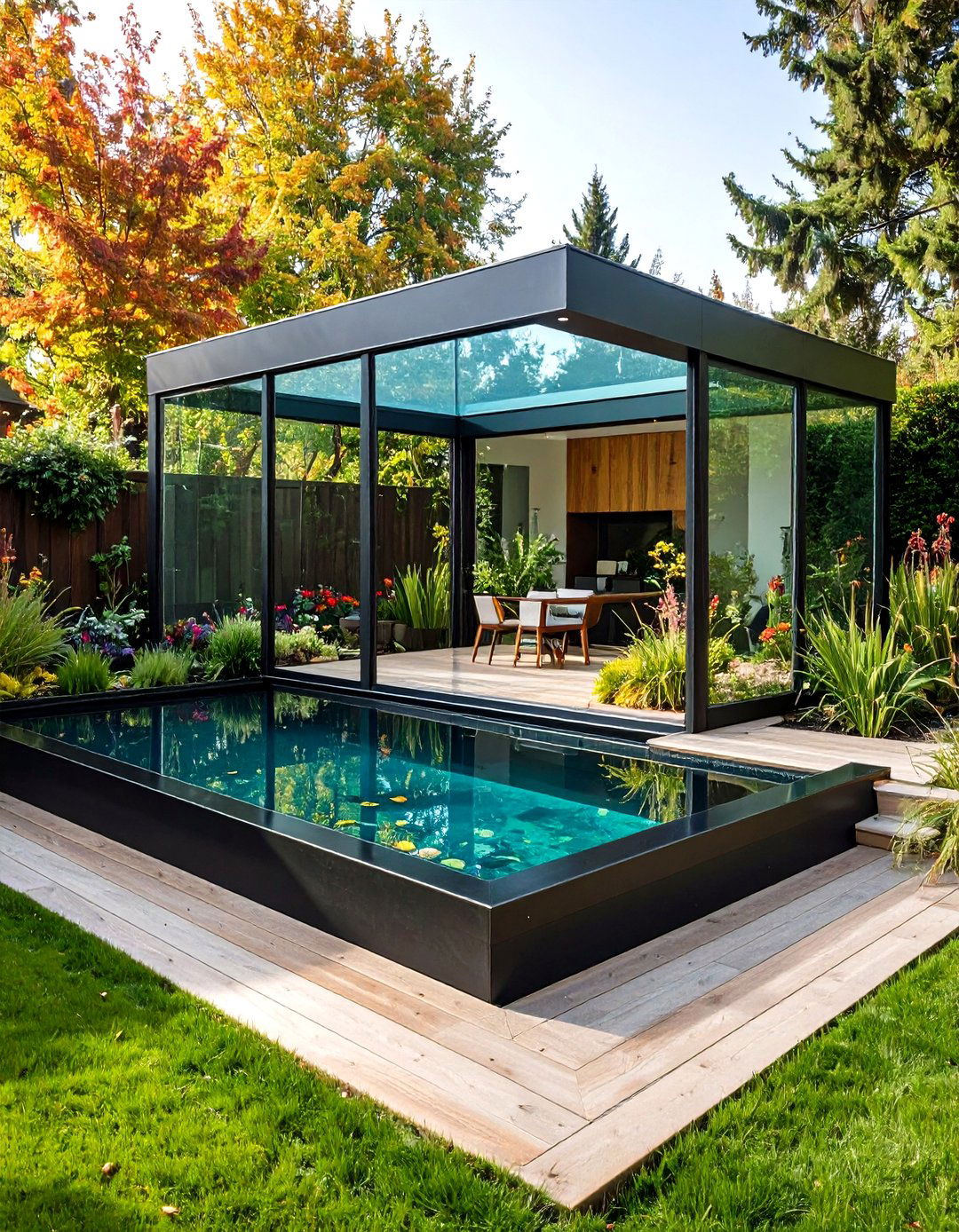 Contemporary Glass Panel Raised Garden Pond with Transparent Elements - 20 Raised Garden Pond Ideas