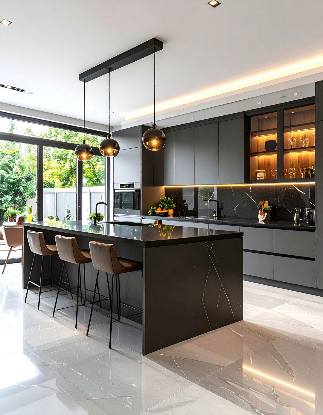 Contemporary Gray Cabinets and Black Countertops with Glass Elements - 20 Kitchen With Gray Cabinets And Black Countertops Ideas