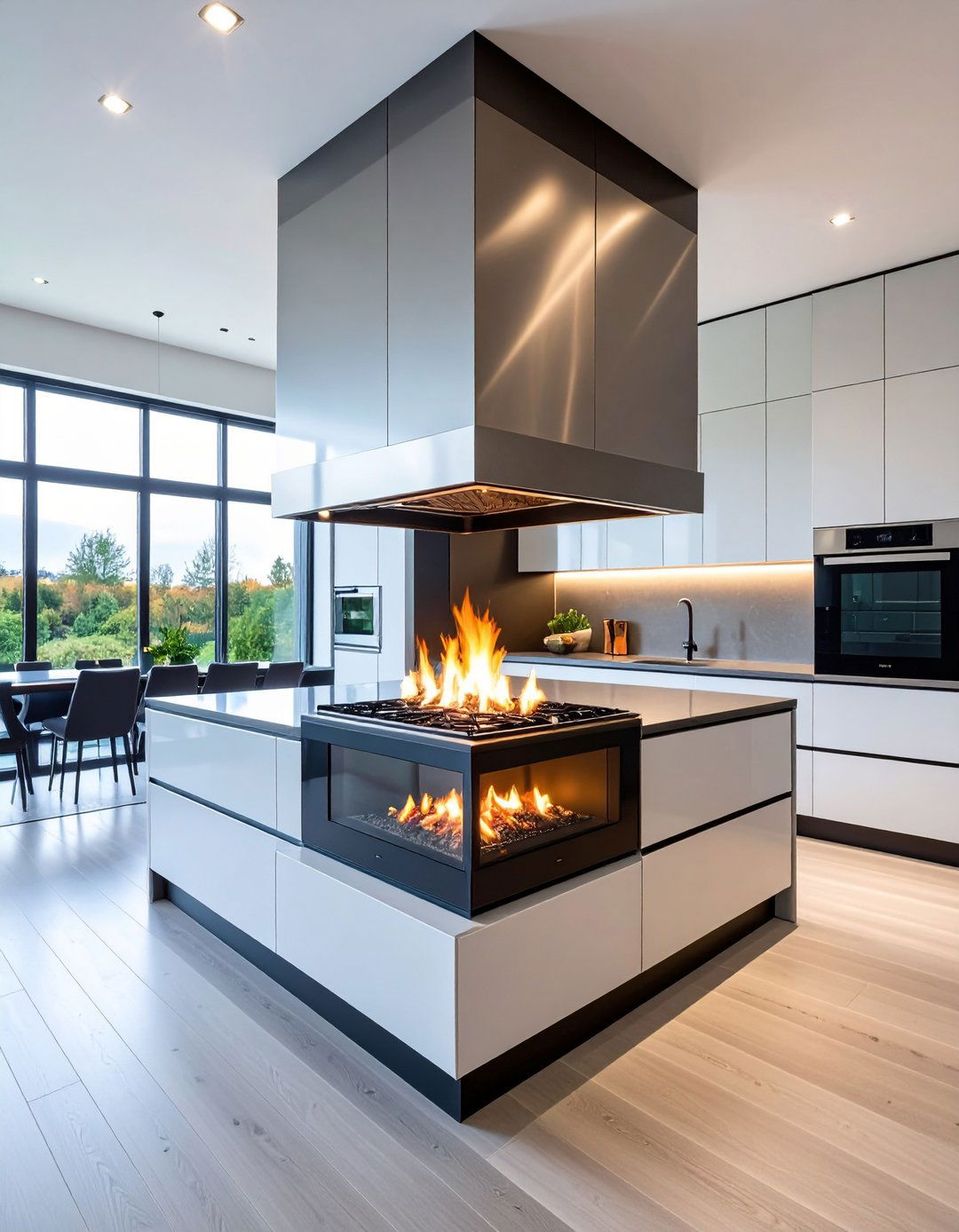 Contemporary Kitchen Fireplace With Glass Panels - 20 Kitchens With Fireplaces