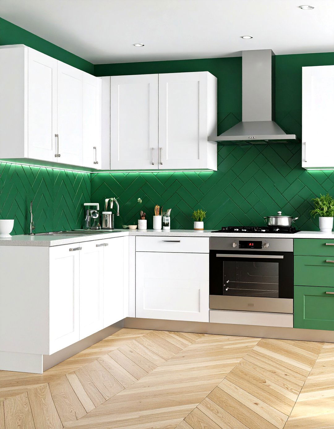 Contemporary Kitchen With Green Backsplash Herringbone Pattern - 20 Kitchen With Green Backsplash Ideas