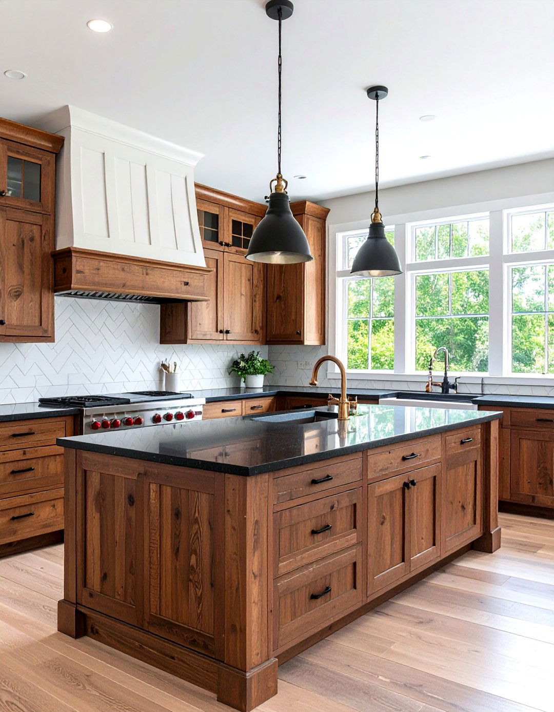 Contemporary Kitchen with Chocolate Brown Flat Panel Cabinets and Black Marble Countertops - 20 kitchen with brown cabinets and black countertops ideas