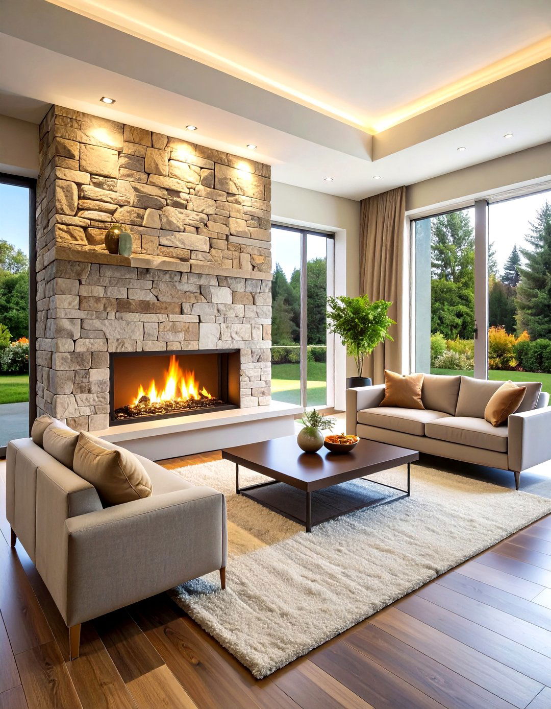 Contemporary Linear Fireplace with Floor to Ceiling Stone Veneer - 20 linear fireplace ideas