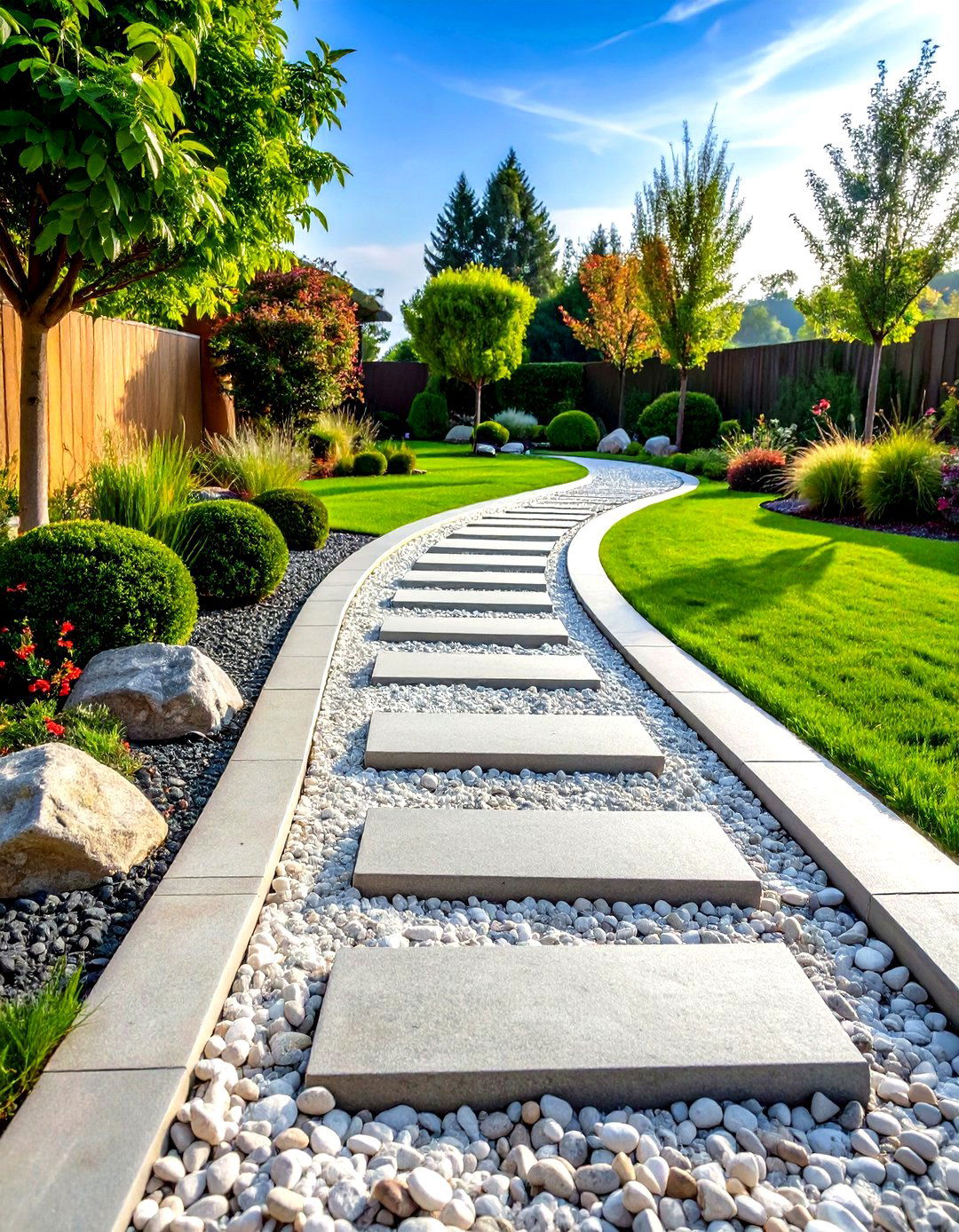 Contemporary Linear Pea Gravel Walkway with Concrete Strips - 20 Pea Gravel Walkway Ideas