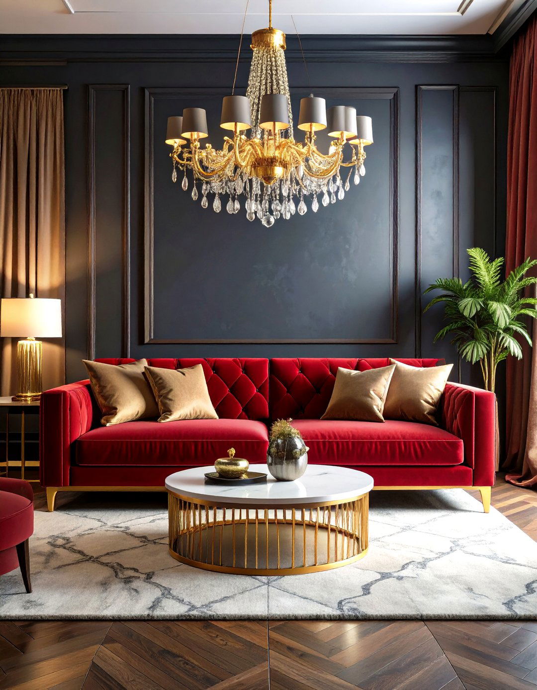 Contemporary Luxe Red and Grey Living Room with Metallic Accents - 20 Red and Grey Living Room Ideas
