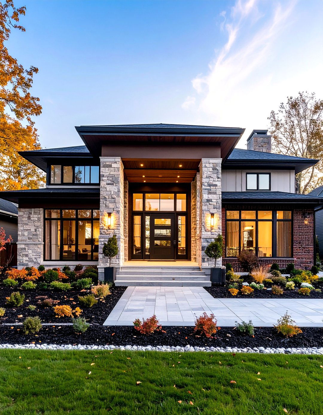 Contemporary Luxury Brick Houses with Stone Statement Accents - 20 Brick Houses With Stone Accents