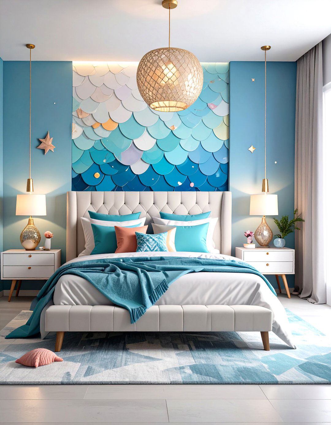 Contemporary Mermaid Bedroom with Geometric Patterns and Modern Art - 20 Mermaid Bedroom Ideas