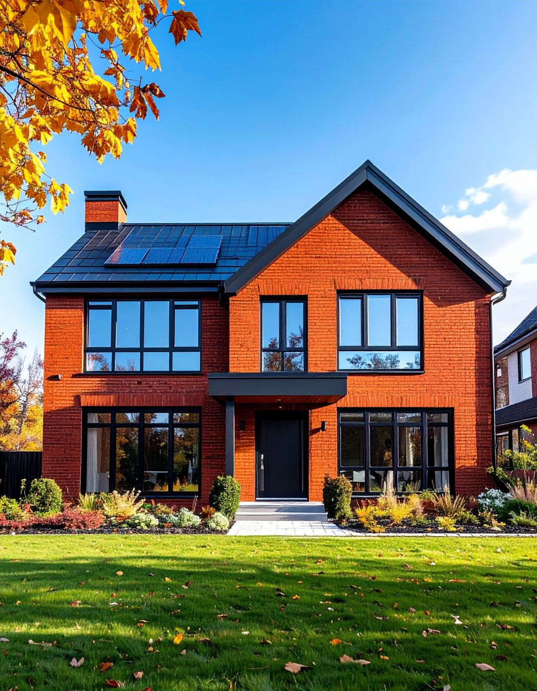 Contemporary Minimalist Red Brick House with Black Window Trim - 20 Red Brick House with Black Trim Design Ideas