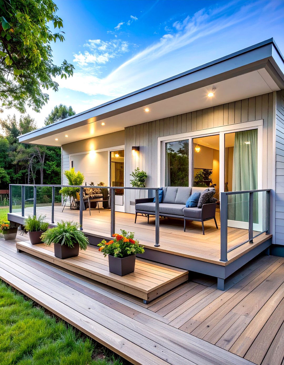 Contemporary Mobile Home Deck with Glass Railings - 20 Mobile Home Deck Ideas