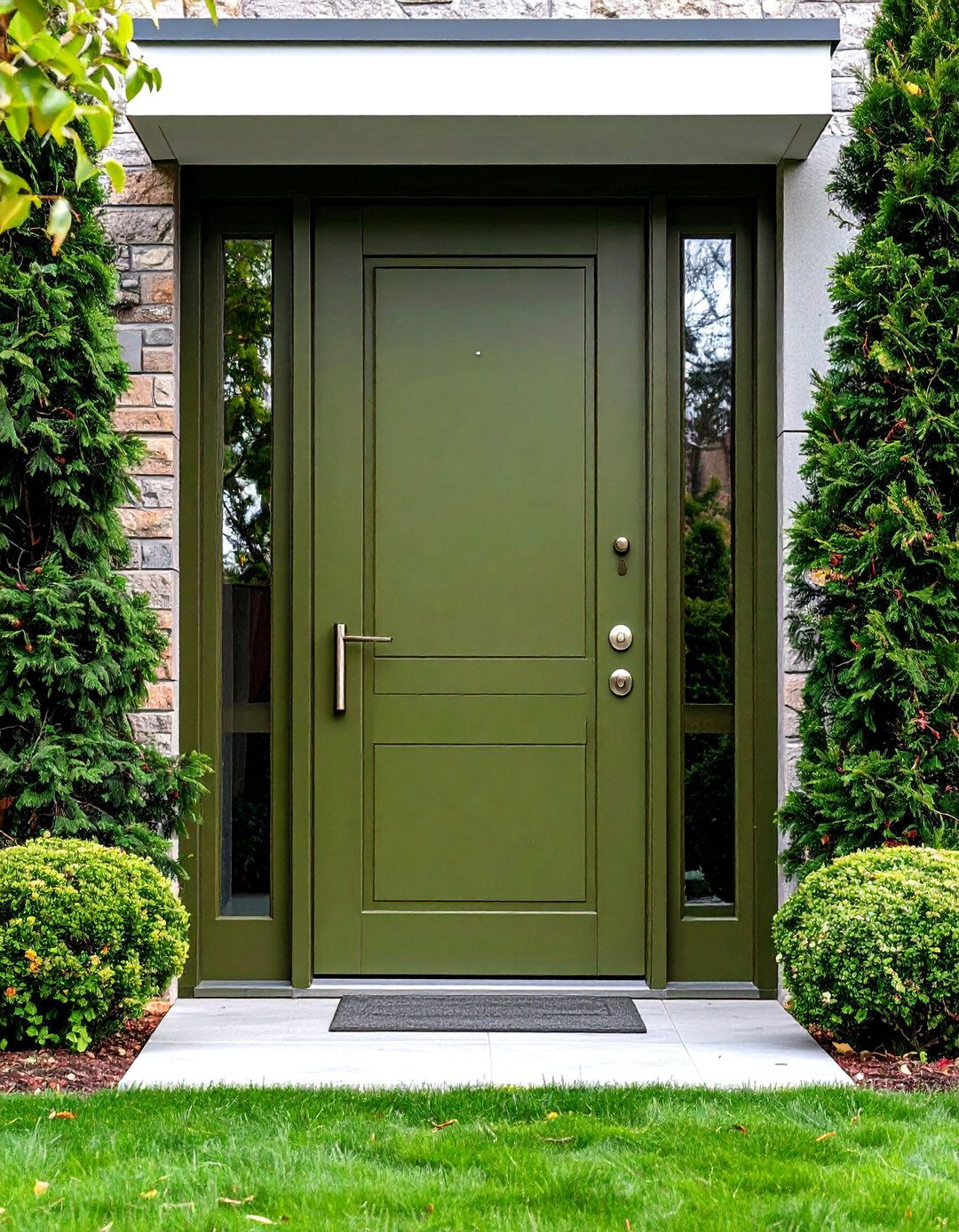 Contemporary Olive Green Front Door with Sleek Steel Hardware - 20 Olive Green Front Door Ideas