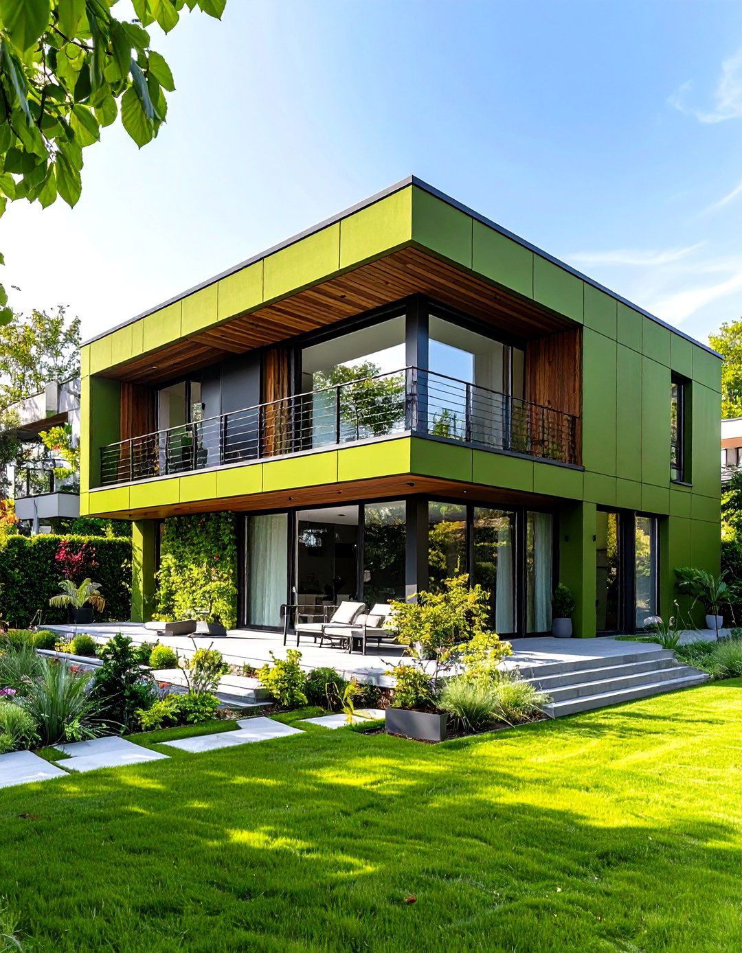 Contemporary Olive Green House Exterior with Steel Elements - 20 Olive Green House Exterior Ideas