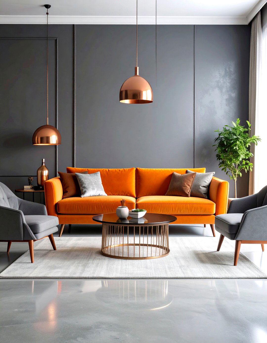 Contemporary Orange and Grey Living Room with Burnt Orange Velvet Sofa - 20 Orange and Grey Living Room Ideas