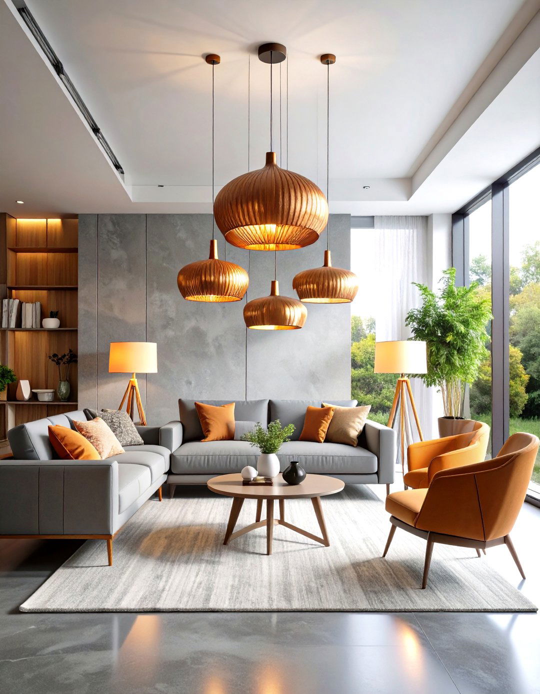 Contemporary Orange and Grey Living Room with Statement Lighting - 20 Orange and Grey Living Room Ideas