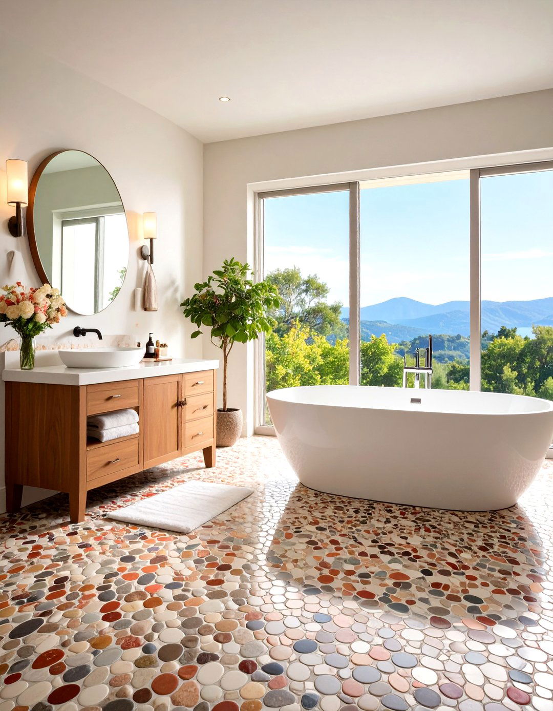 Contemporary Penny Tile Floor with Mixed Materials - 20 Penny Tile Bathroom Floor Ideas