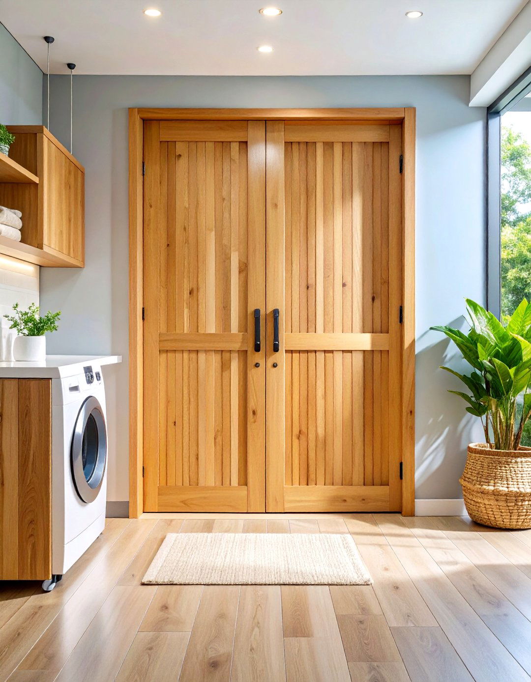 Contemporary Pivot Laundry Room Door with Vertical Wood Slats - 20 Laundry Room Door Ideas