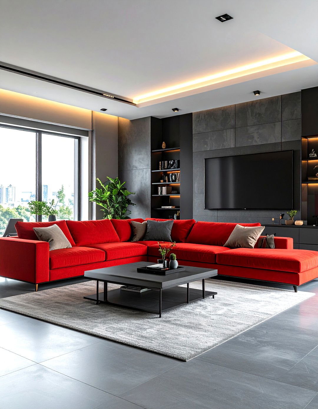 Contemporary Red and Grey Living Room with Smart Technology Integration - 20 Red and Grey Living Room Ideas