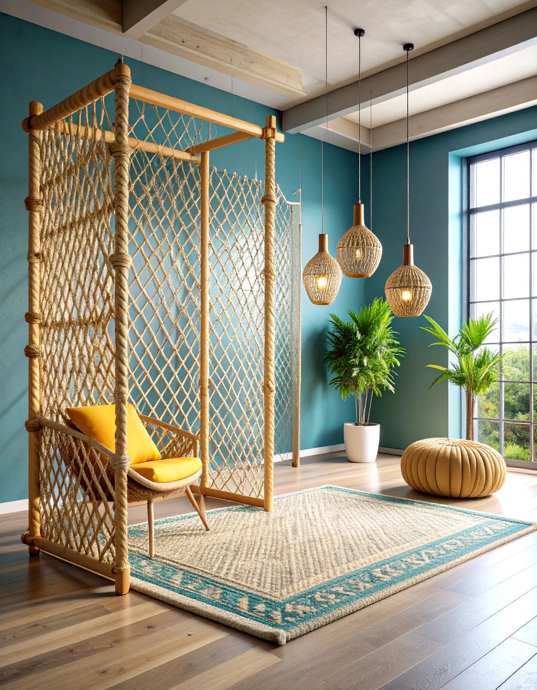 Contemporary Rope Room Divider with Tensioned Framework - 20 Room Divider Ideas