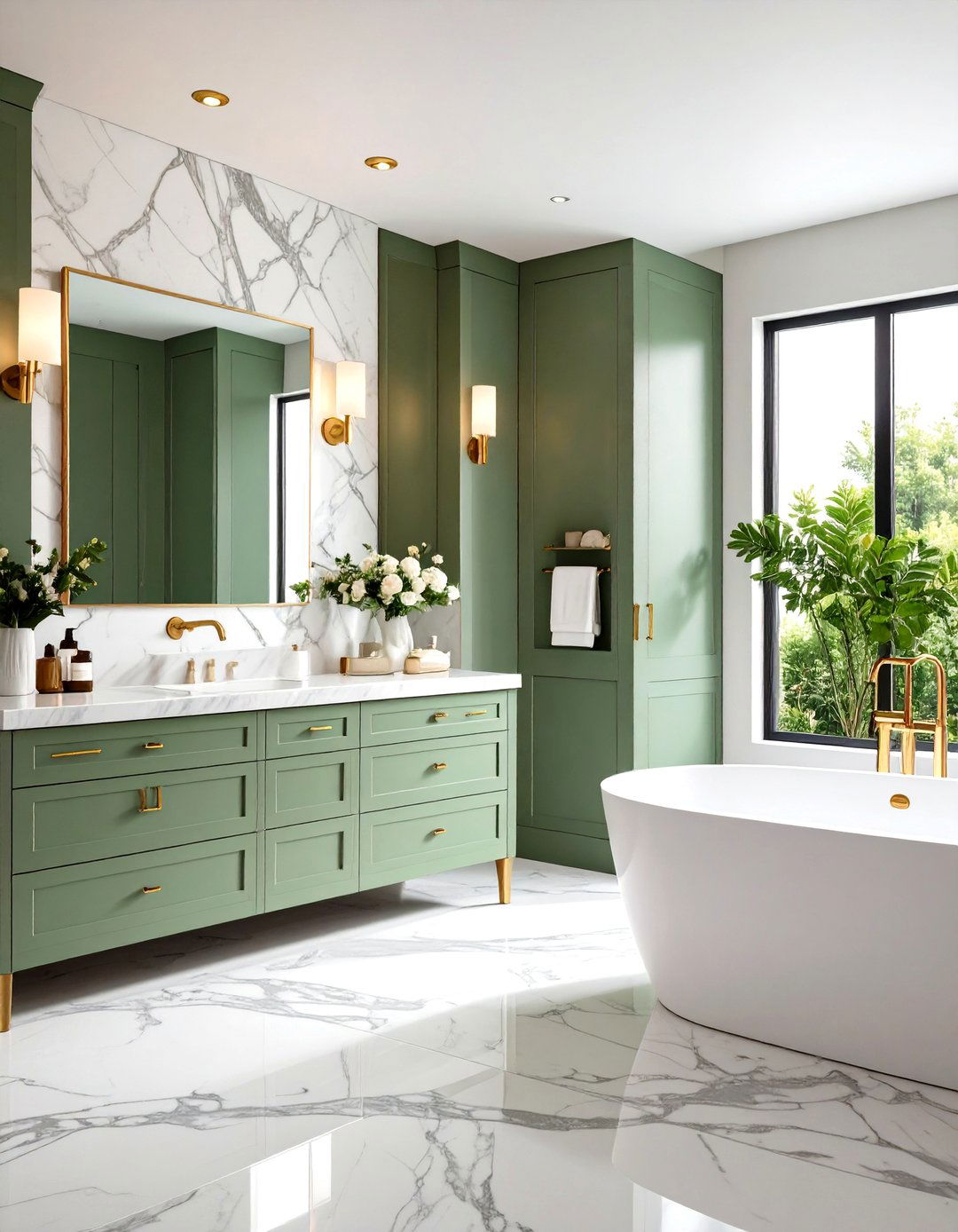 Contemporary Sage Green Bathroom with Marble Accents - 20 Sage Green Bathroom Ideas