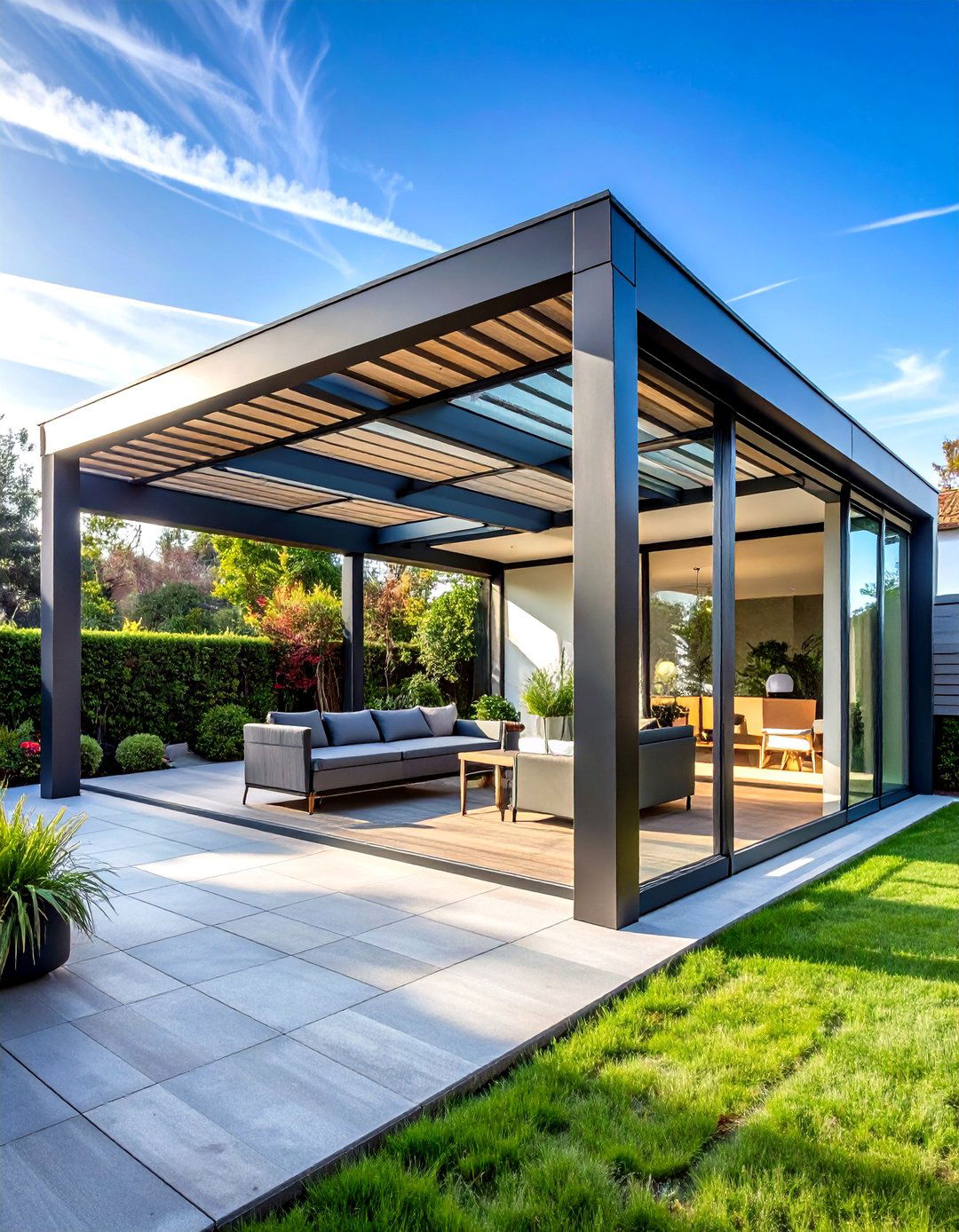 Contemporary Steel Patio Pergola with Glass Panels - 20 Patio Pergola Ideas