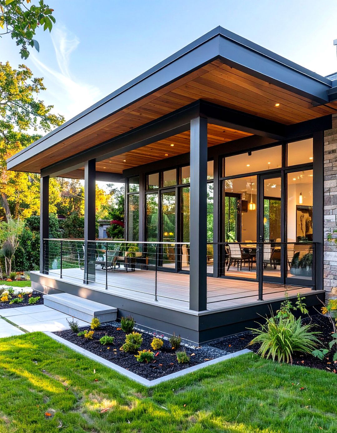 Contemporary Steel and Glass Open Gable Porch with Transparent Elements - 20 Open Gable Porch Ideas