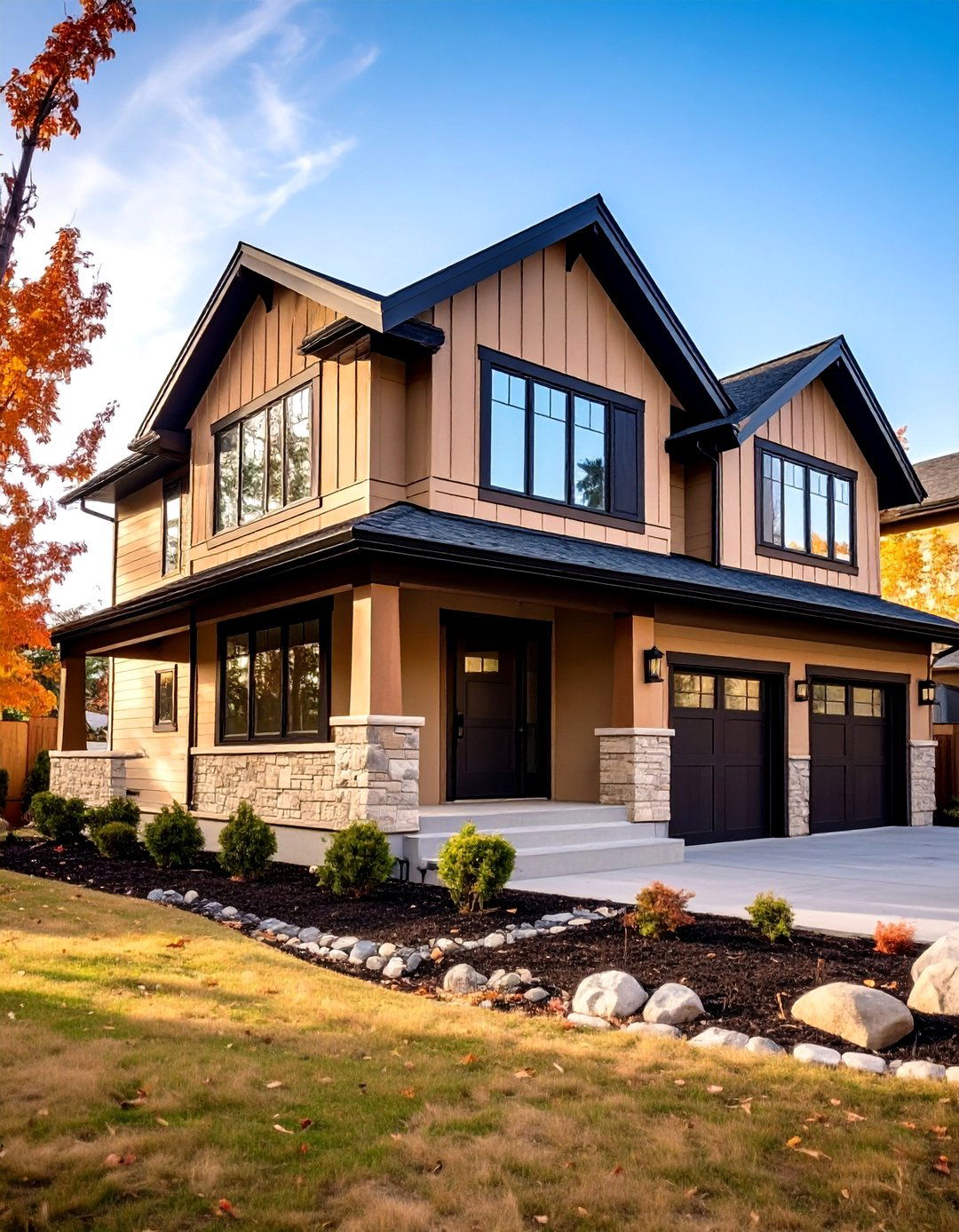 Contemporary Tan Panels with Oversized Black Frames - 20 Tan House With Black Trim Design Ideas