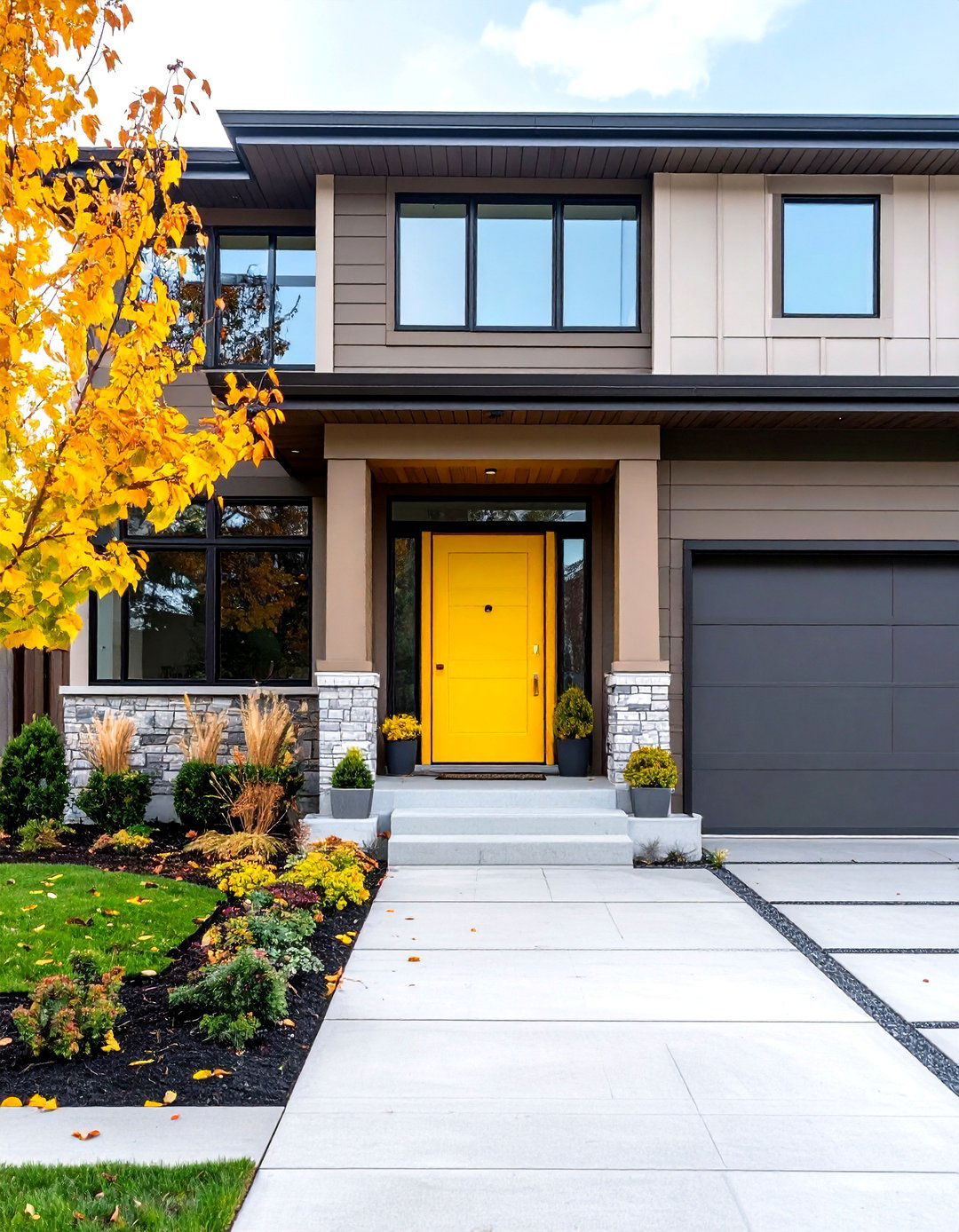 Contemporary Taupe with Bright Yellow Door Accents - 20 Exterior Taupe House Color Combinations