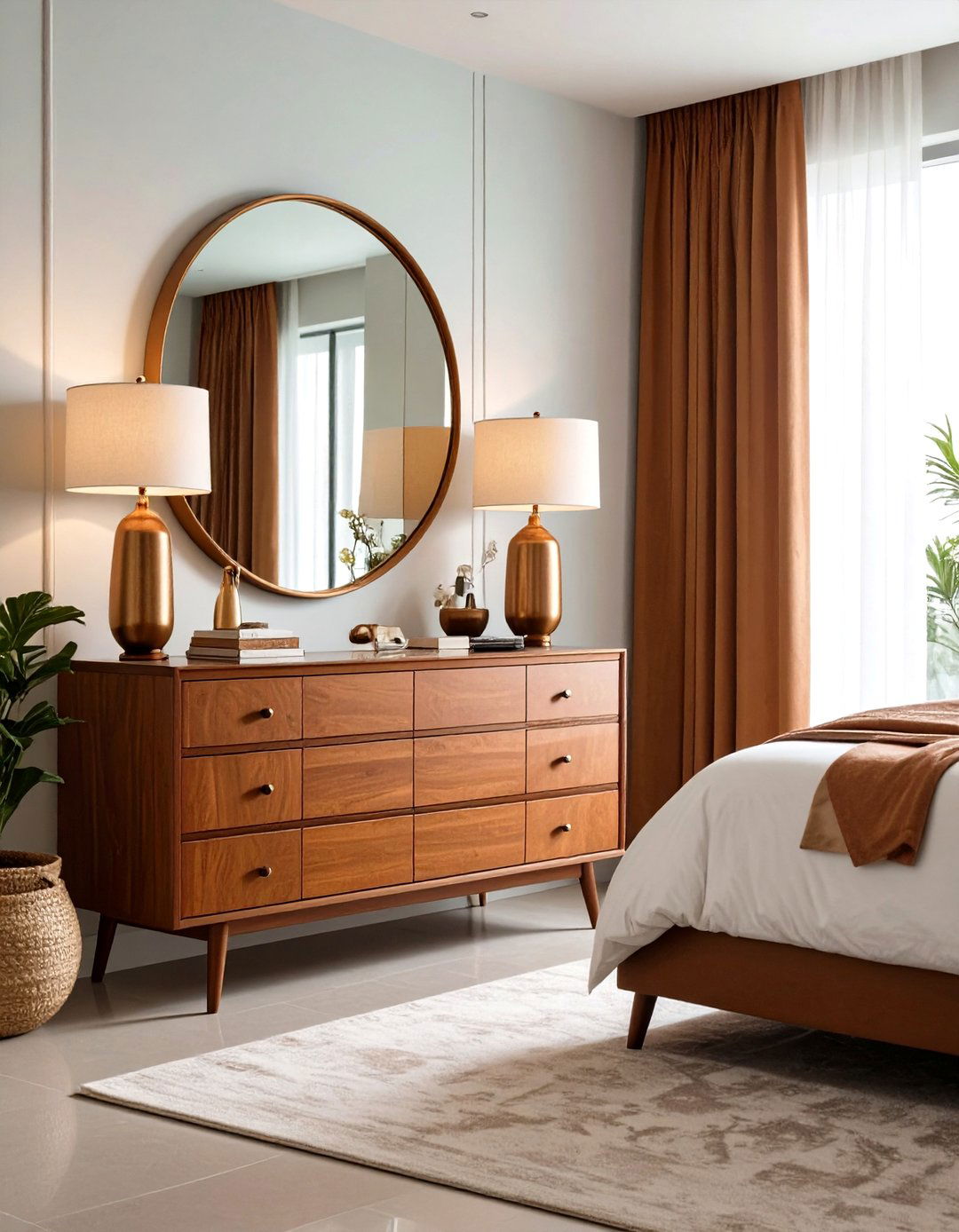 Contemporary Tinted Mirror Behind Nightstand Design