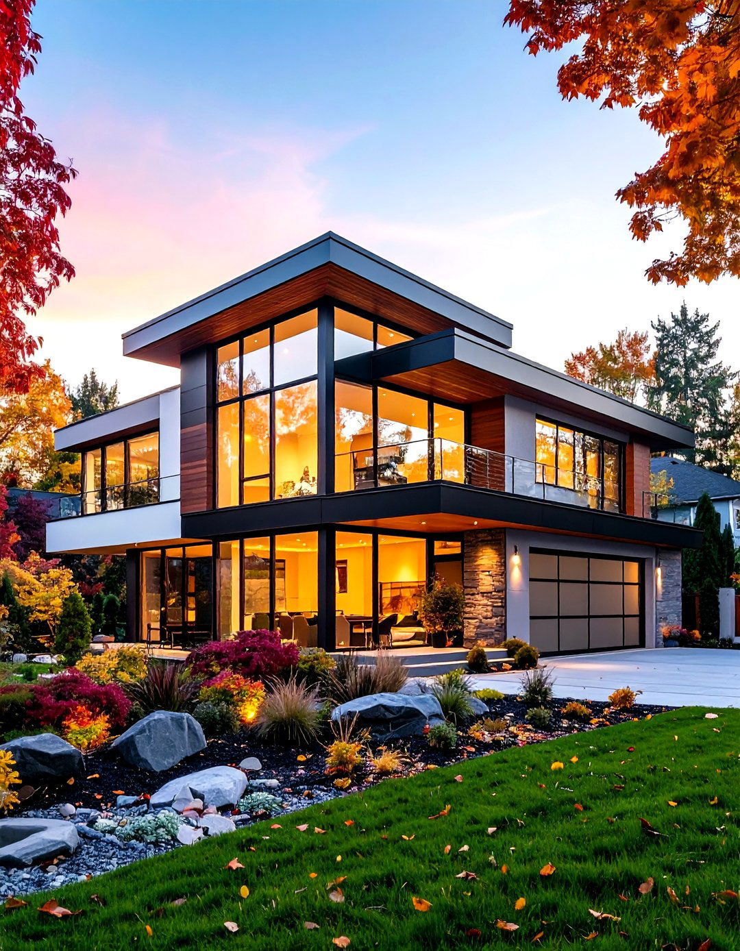 Contemporary Two Story House with Floor to Ceiling Black Windows - 20 Houses With Black Windows