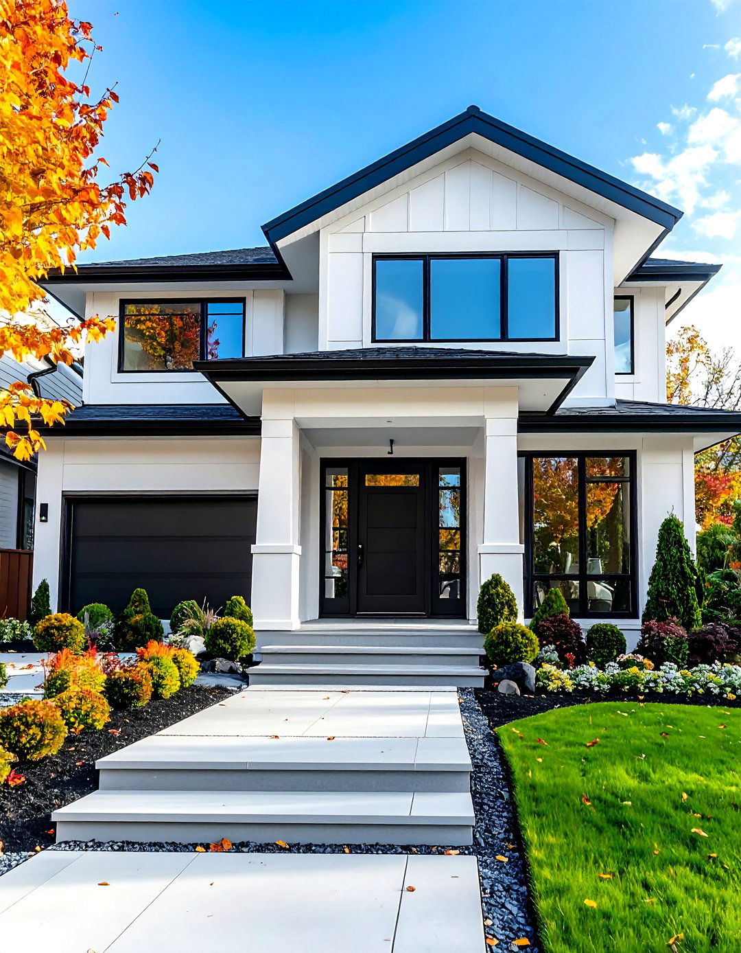 Contemporary White House with Black Steel and Glass Door - 20 White House Ideas With Black Doors