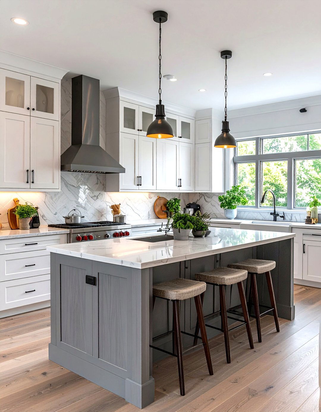 Contemporary White Kitchen Cabinets with Textured Grey Island - 20 White Kitchen Cabinets With Grey Island Ideas