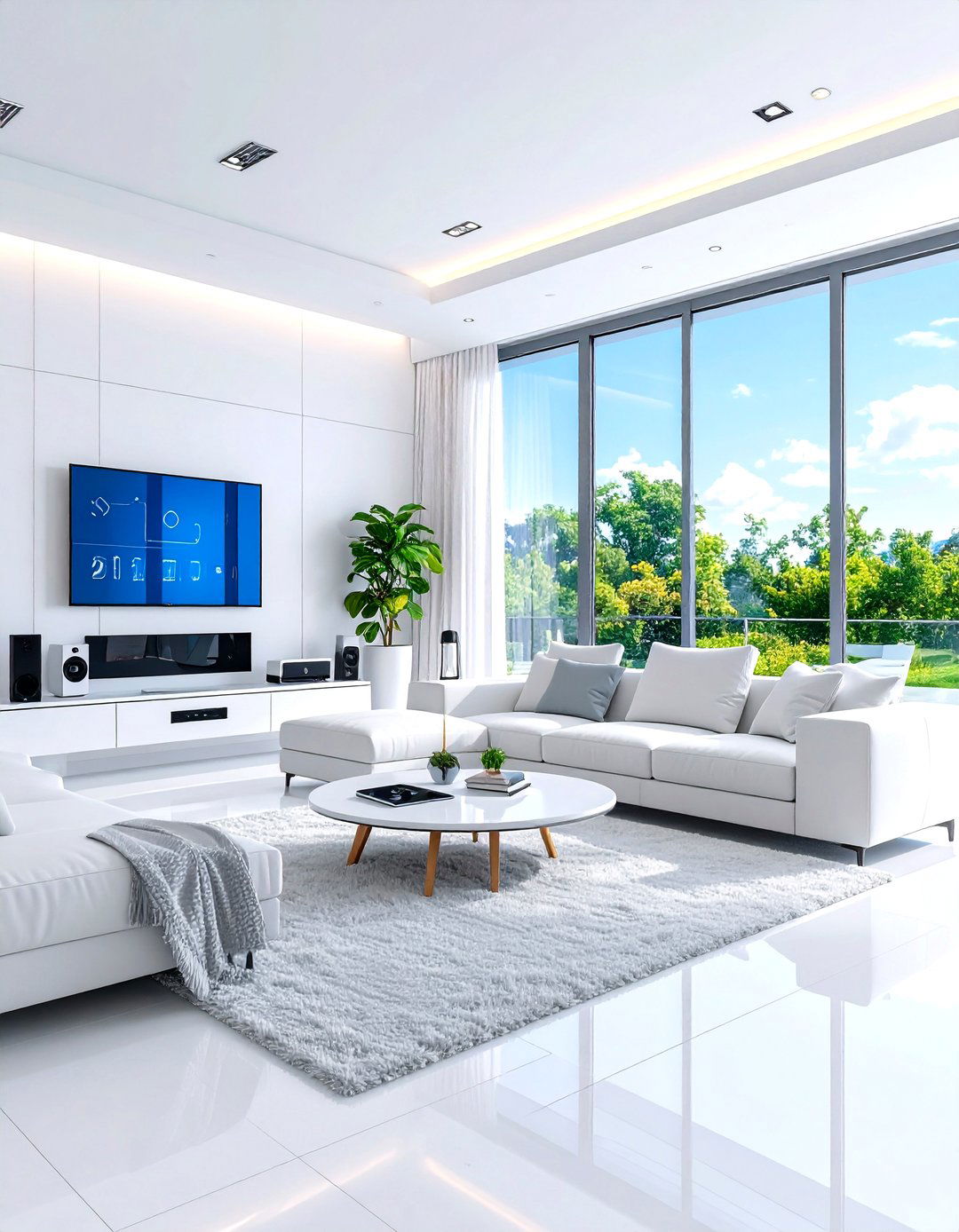 Contemporary White Living Room with Smart Home Integration - 20 White Living Room Ideas