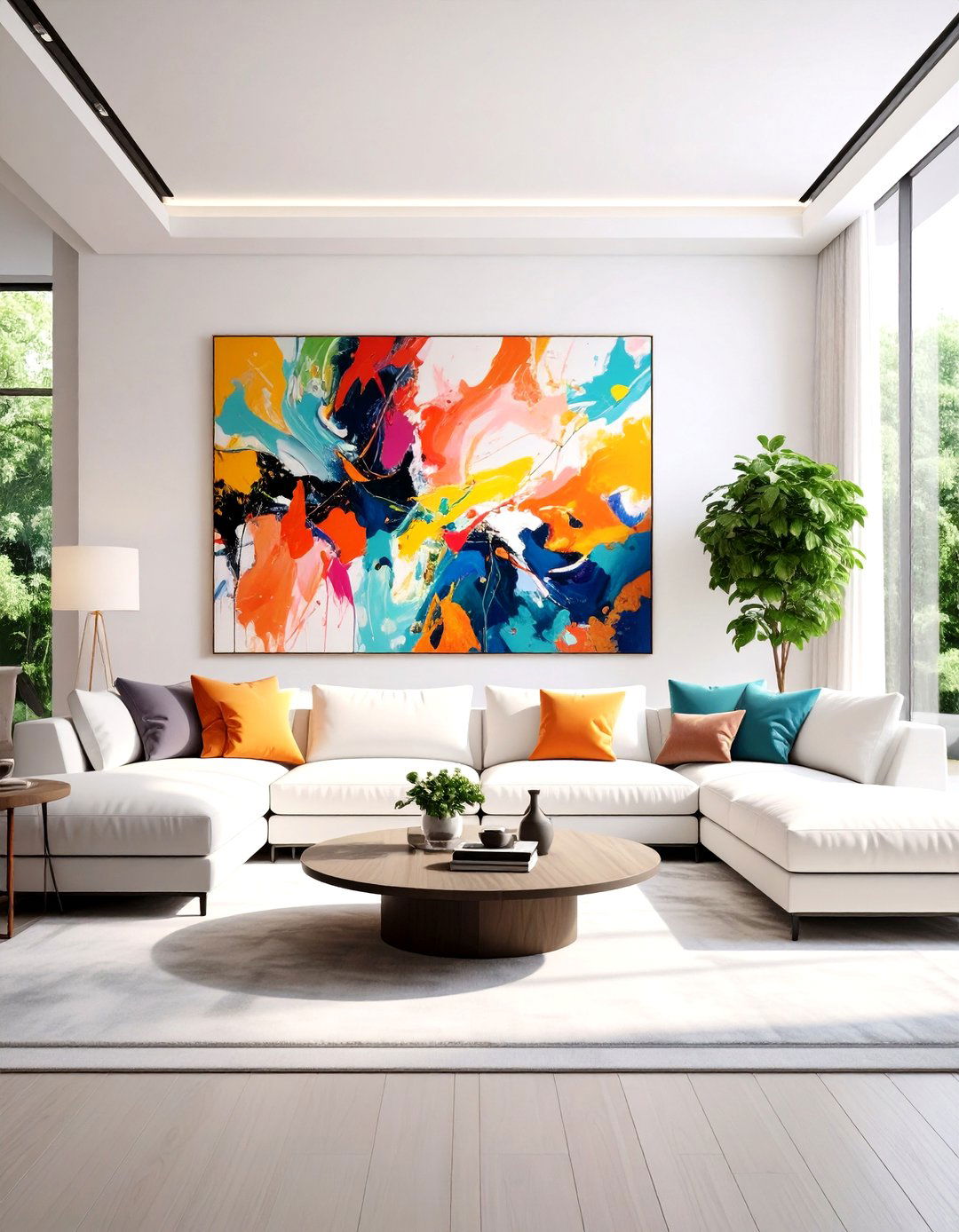 Contemporary White Living Room with Statement Art - 20 White Living Room Ideas