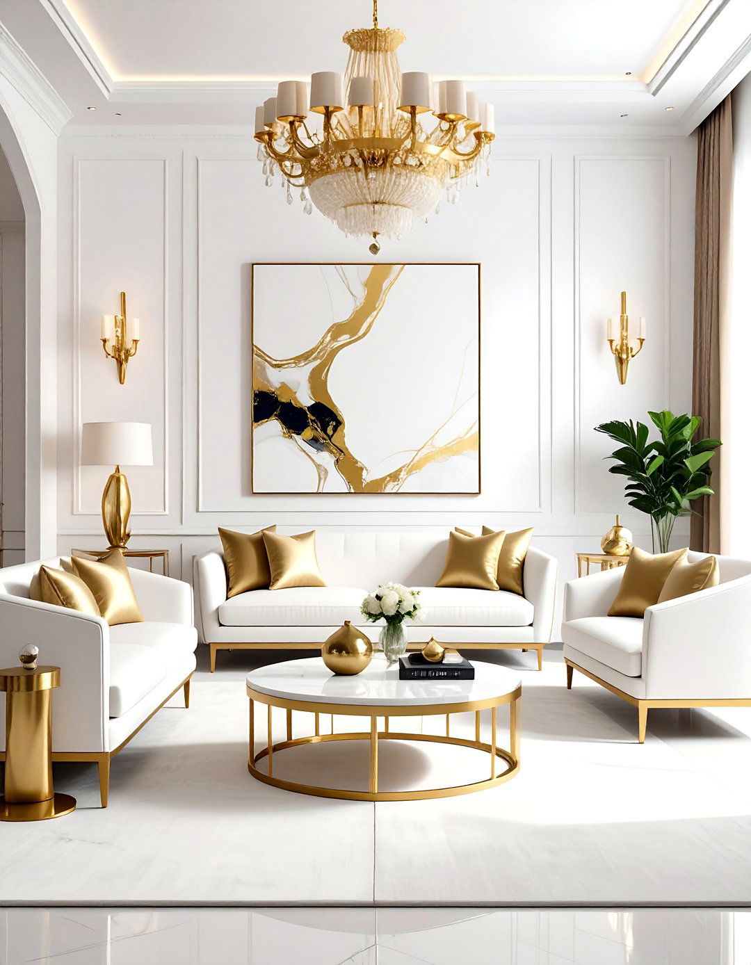 Contemporary White and Gold Living Room with Bold Artwork - 20 White and Gold Living Room Ideas