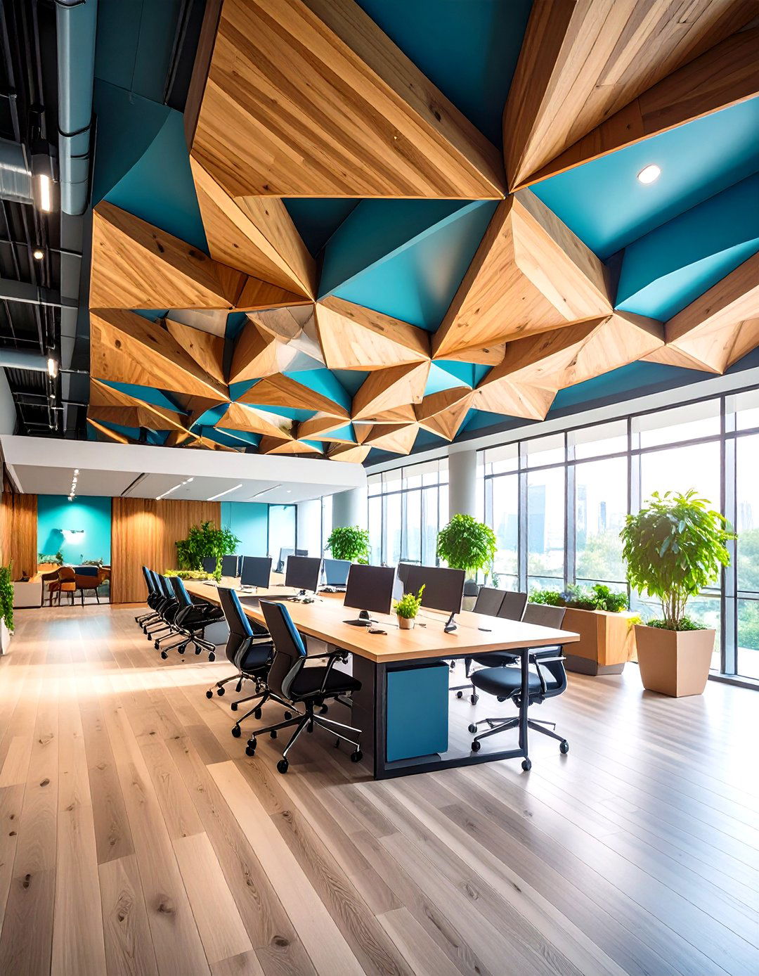 Contemporary Wood Geometric Ceiling Art - 20 Wood Ceiling Ideas