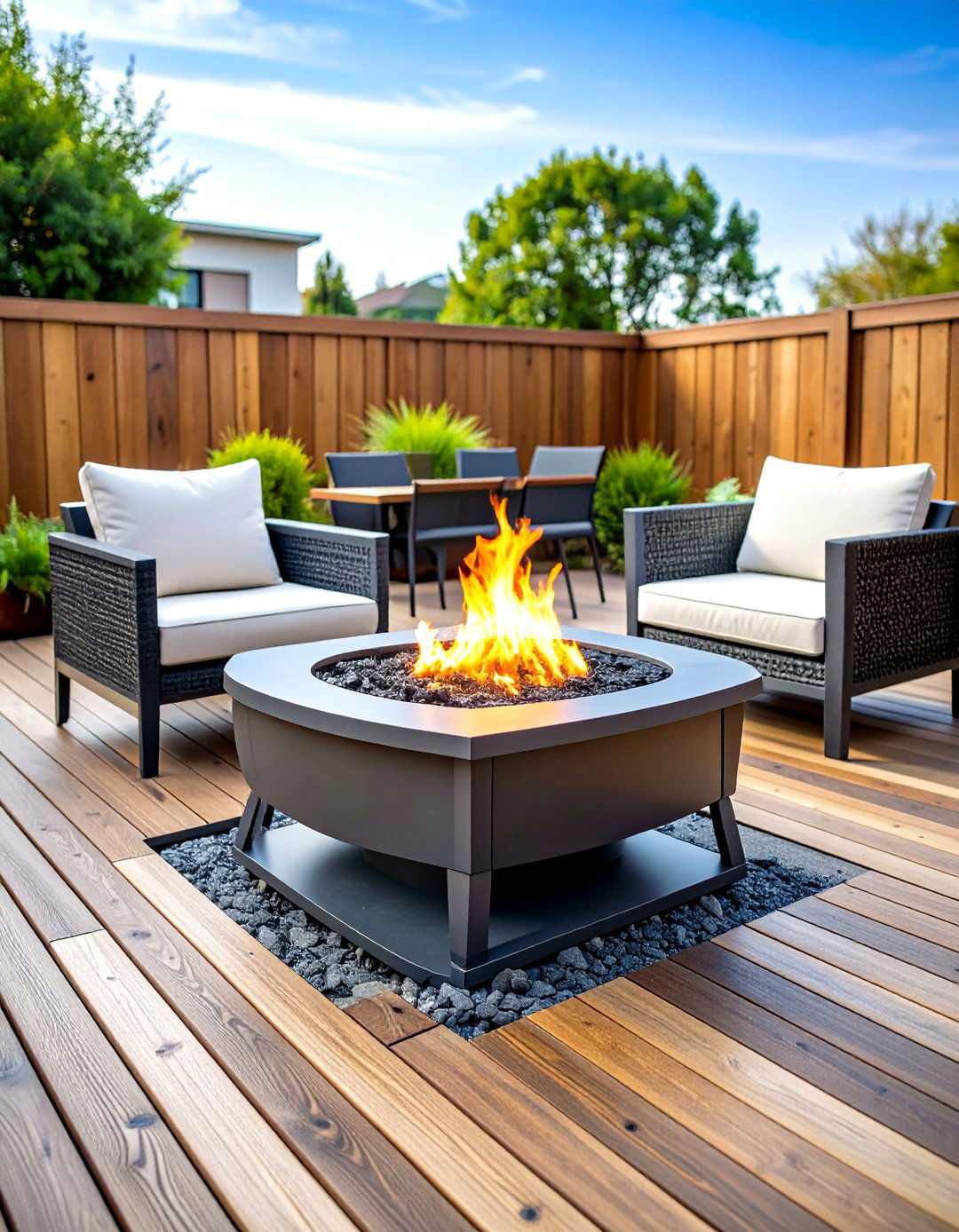 Contemporary Wood Plank Stamped Concrete Patio with Rectangular Fire Pit - 20 stamped concrete patio with fire pit ideas