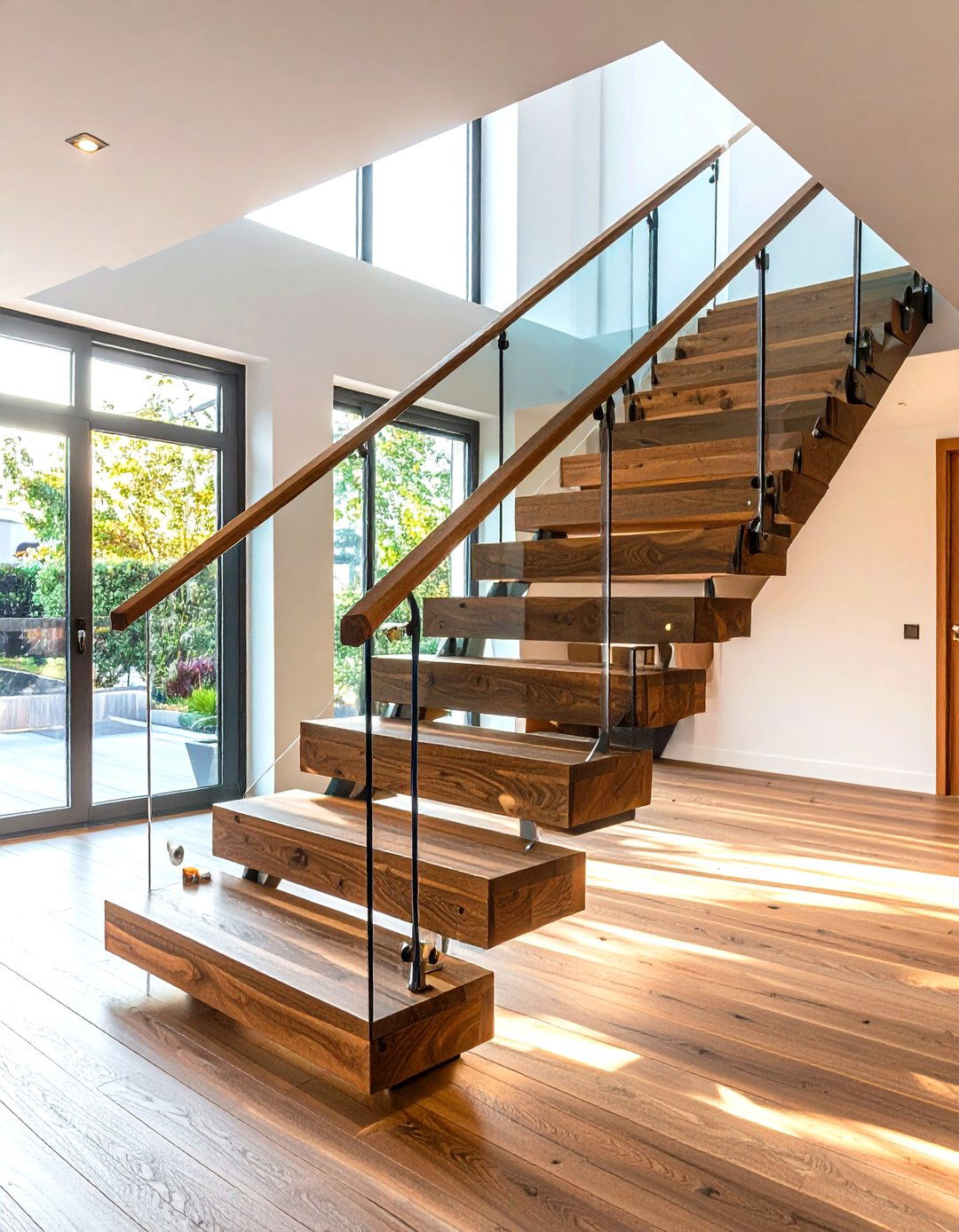 Contemporary Wooden Staircase with Glass Panel Railings - 20 Wooden Staircase Ideas