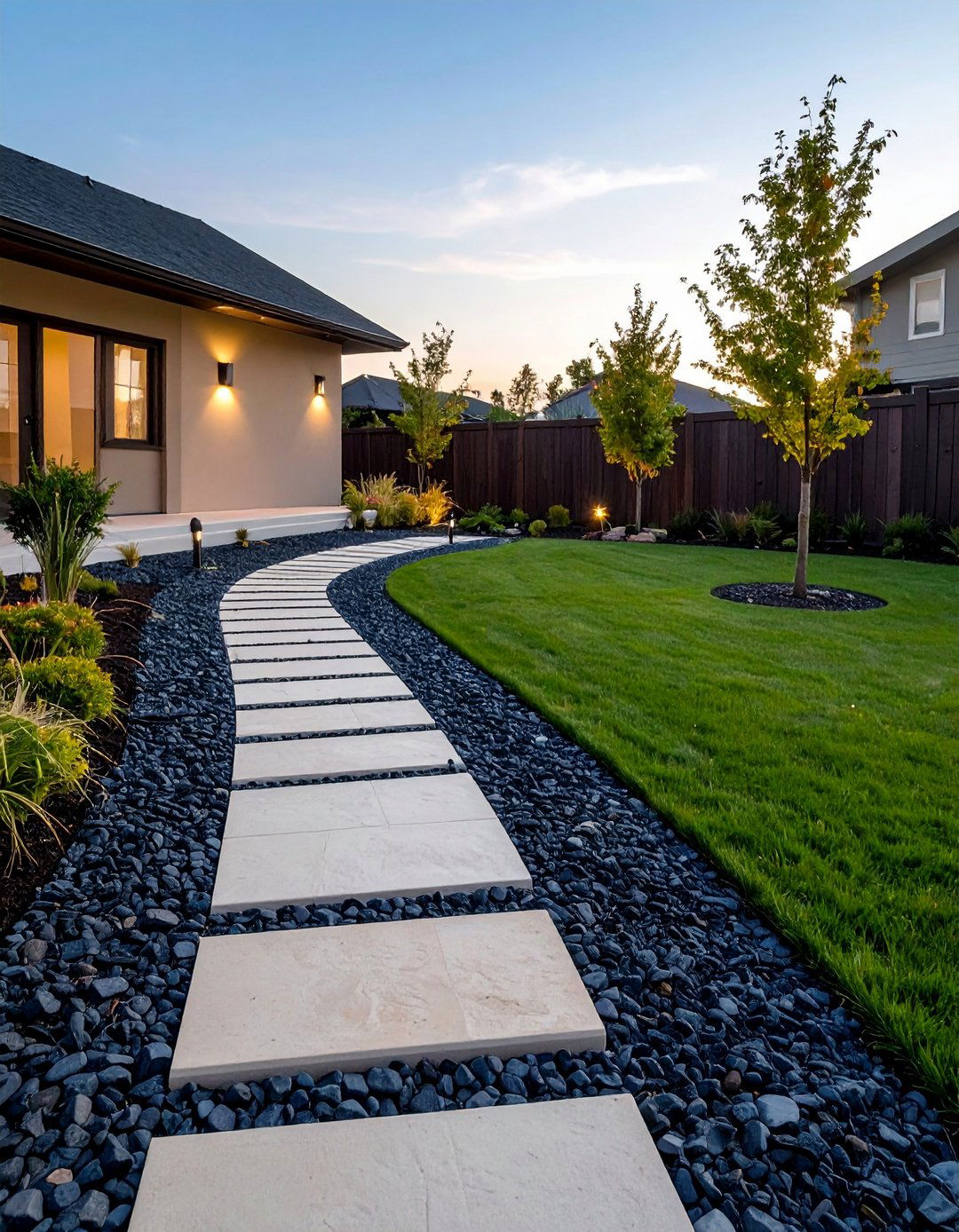 Contrast Stepping Stone Walkway on Black River Rock - 20 Black River Rock Landscaping Ideas