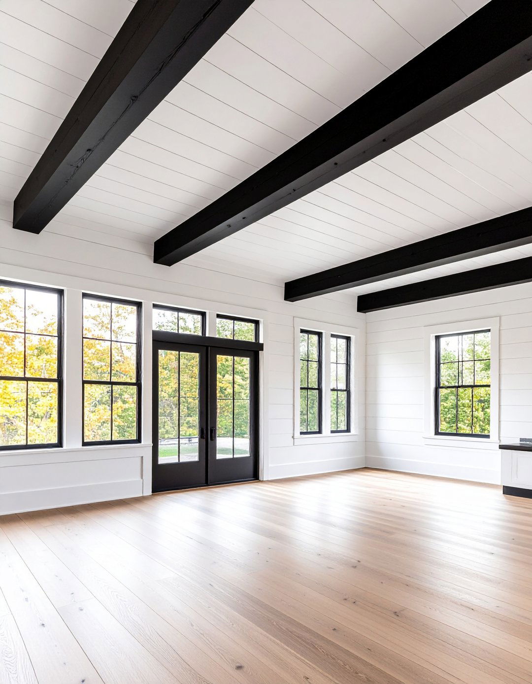 Contrast White Shiplap with Black Beams - 20 Shiplap Ceiling Ideas
