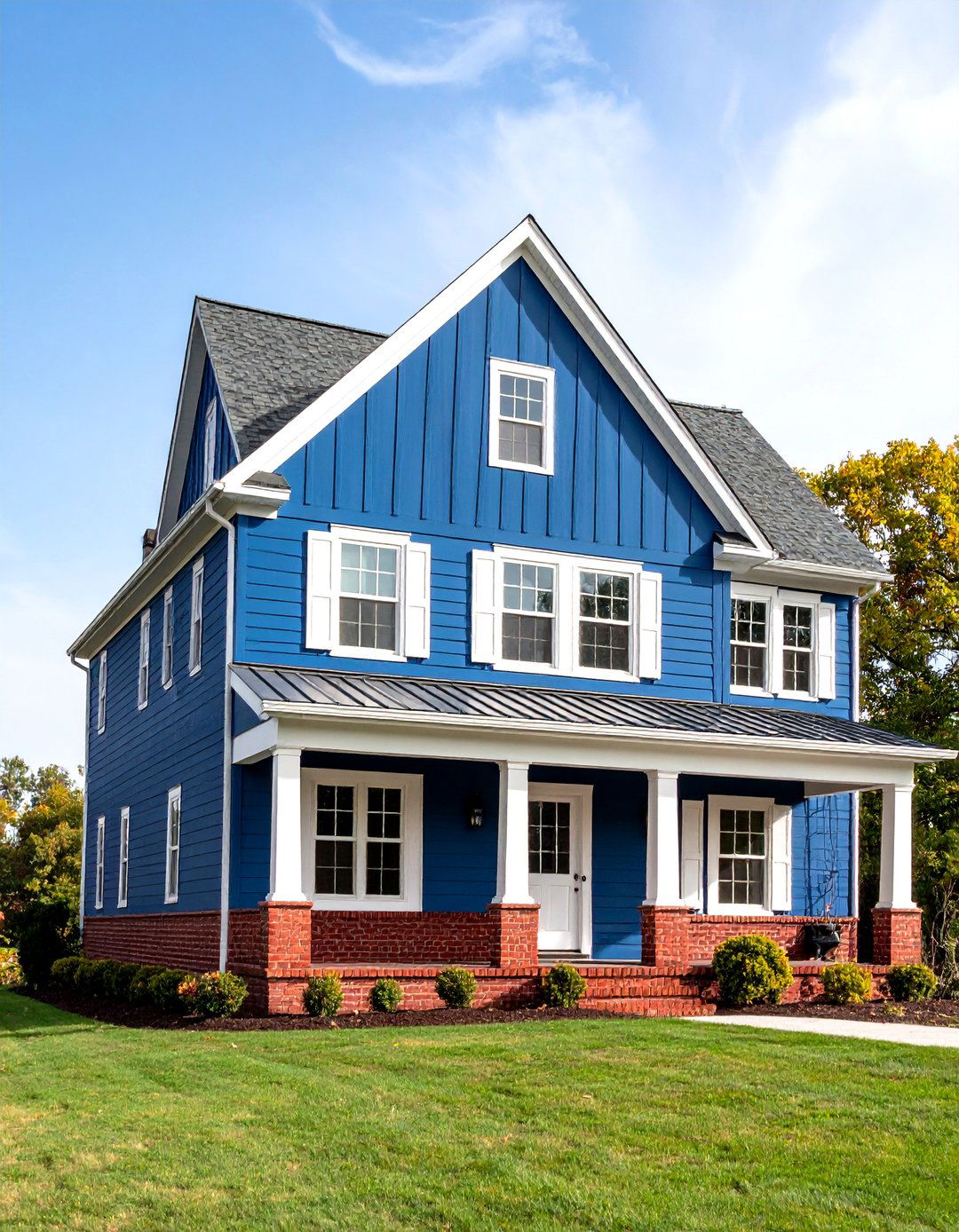 Contrasting Bold Colors Navy Vinyl and Red Brick - 20 Vinyl Siding and Brick Combinations