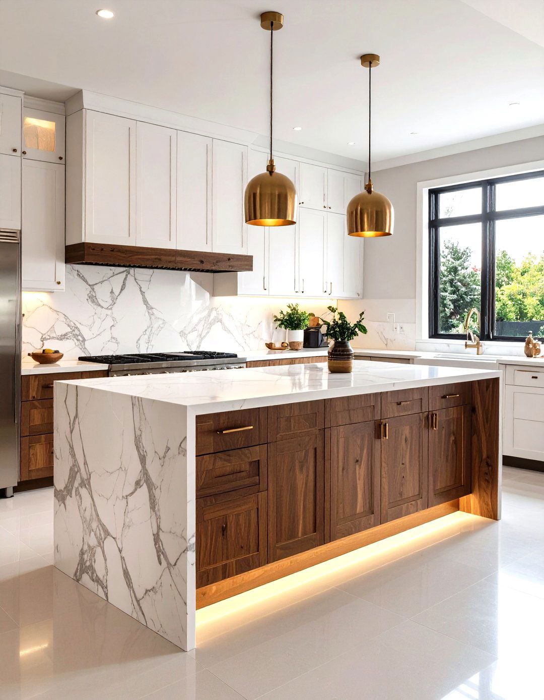 Contrasting Dark Base Marble Kitchen Island - 20 Marble Kitchen Island Ideas